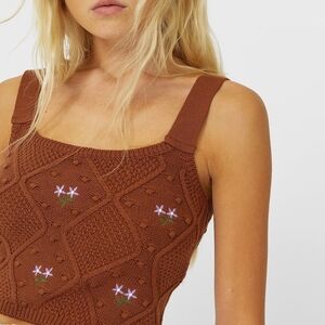 Stradivarius Brown Knit Crop Top with Floral Details